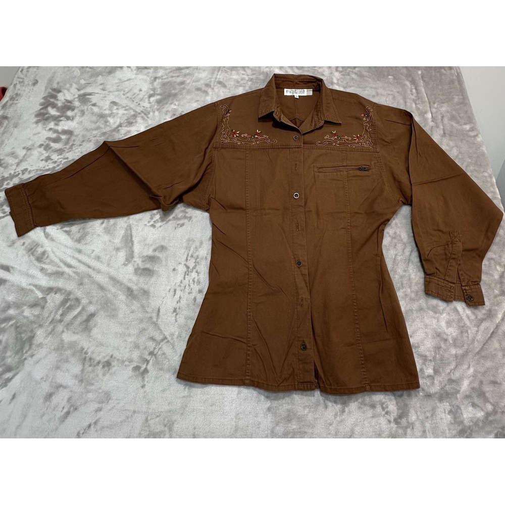 Together Women's Embroidered Brown Blazer Jacket Size Medium Wide Sleeve EUC